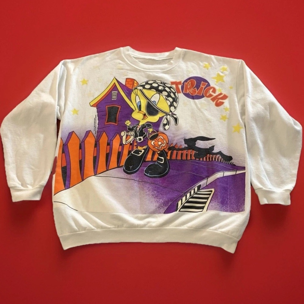 VTG 1996 Warner Bros TRICK OR TREAT Pirate Tweety Bird CrewNeck Glow In Dark! XL